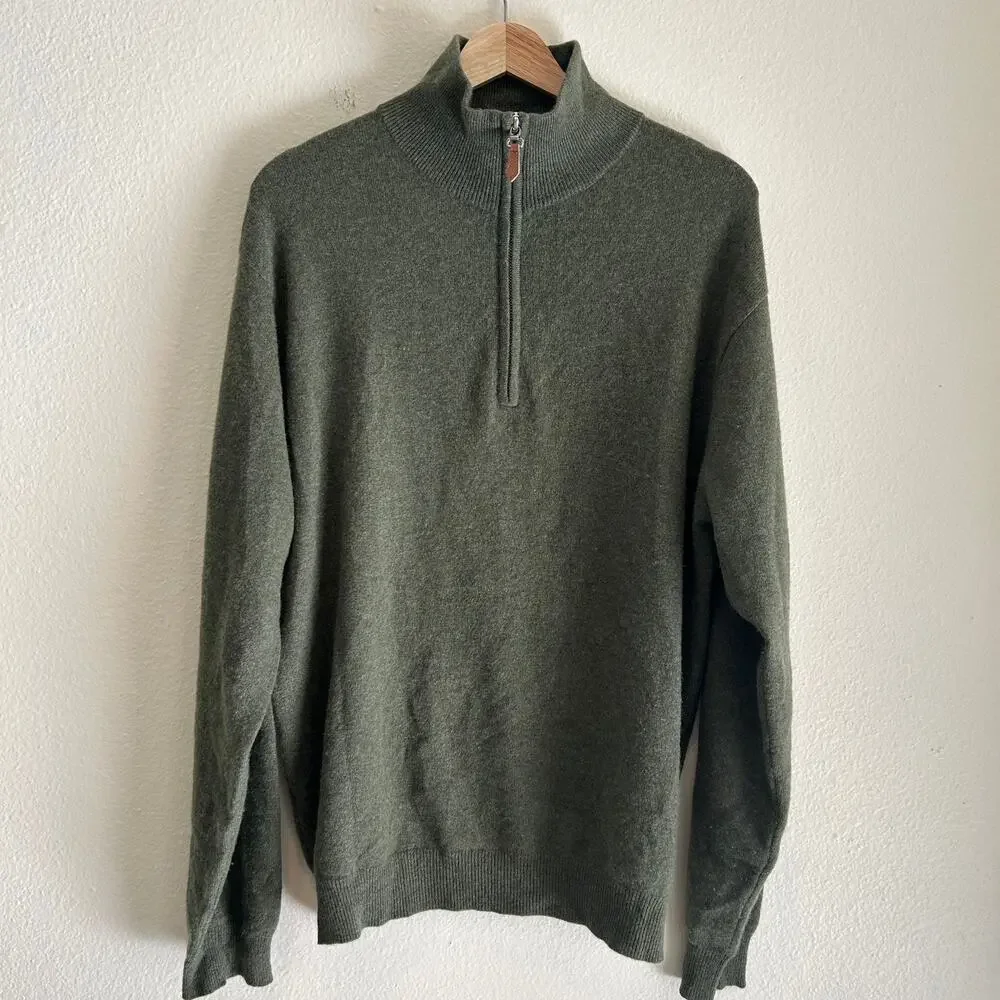 Alan Flusser Cashmere 1/4 Zip Sweater Green Mens XL Luxury Knit Pullover